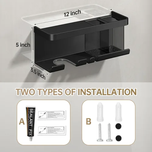 Vista 6 de Soporte para secador de pelo, organizador de secador de pelo, soporte para secadora de pelo, montado en la pared con estante para baño, salón, Negro