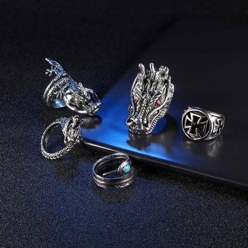 Vista 7 de Jstyle Juego de 15 anillos punk vintage para hombres y mujeres, anillo de serpiente, dragón abierto, anillo apilable para nudillos, anillos bohemios