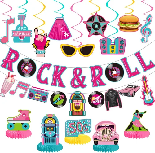 Vista 9 de LARRAZABAL Las decoraciones de fiesta de rock and roll incluyen pancarta con purpurina Born to Rock, remolinos colgantes de rock and roll y centros
