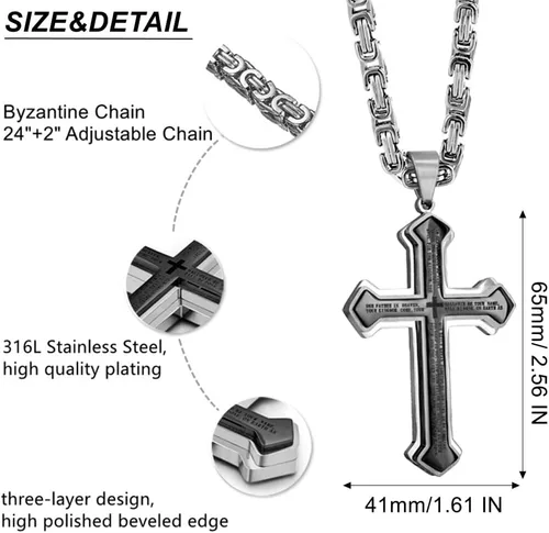 Vista 5 de Collar con colgante de cruz de Jesucristo grande de acero inoxidable para hombre con cadena bizantina de 22, 24, 26 pulgadas, negrodoradoplata