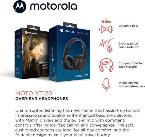 Vista 2 de Motorola Sound Moto XT120 - Auriculares con cable con micrófono, control de comando en línea para llamadas, auriculares plegables con cable con Negro
