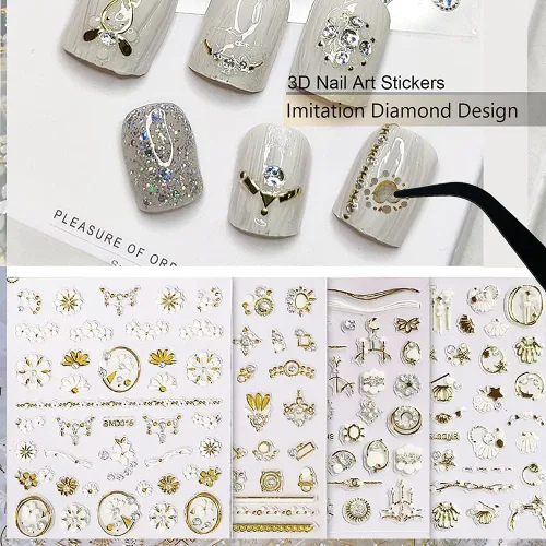 Vista 2 de 20 hojas de calcomanías de uñas 3D, diseño de oro/diamante, lujosas calcomanías de uñas autoadhesivas con relieve, calcomanías de uñas de flores