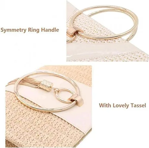 Vista 4 de Bolso de mano de paja para mujer, elegante bolso de mano de verano para playa, borlas con asa superior con cadena
