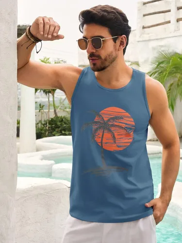 Vista 2 de Camiseta sin mangas para hombre, para entrenamiento, gimnasio, palmera, estilo vintage