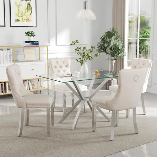 Vista 10 de Juego de comedor moderno de cristal de lujo de 5 piezas, juego de comedor rectangular minimalista para 4, juego de mesa de cocina de vidrio