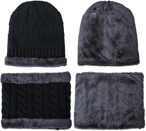 Vista 4 de Conjunto de gorro y bufanda de invierno cálido y elegante gorro de punto para hombres y mujeres