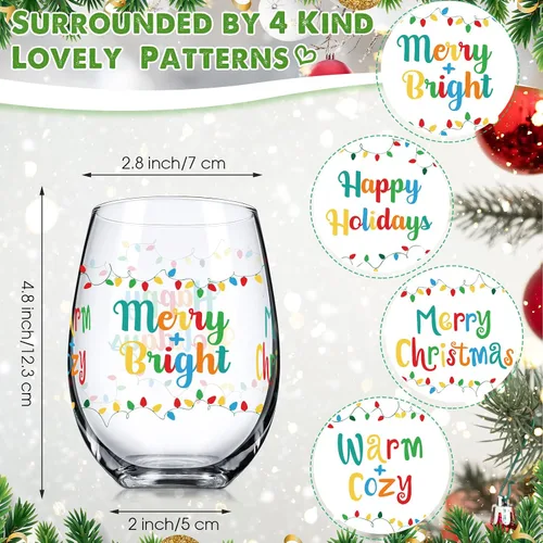 Vista 2 de 2 copas de vino sin tallo, taza divertida de 17 onzas con texto en inglés «Merry Christmas & New Year» – Regalos para mujeres, hombres, mamá, papá