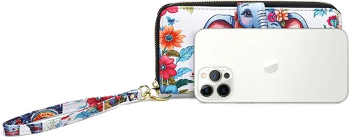 Vista 11 de Cartera de mano para mujer, estilo bohemio, con RFID, elegante, espaciosa con correa para viajes, capacidad para tarjetas, teléfono, dinero