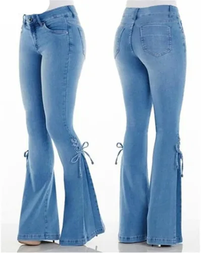 Vista 3 de Pantalones de mezclilla acampanados con cordones para mujer, cintura media, pierna ancha, corte de bota, pantalones de mezclilla ajustados