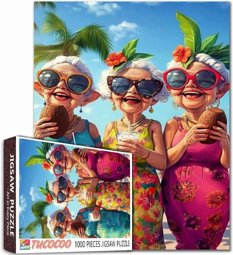 Vista 17 de Rompecabezas de mujer vieja de 1000 piezas para adultos, familias (niña, dama, pizza, naipe, vino tinto, amigas) piezas que encajan perfectamente