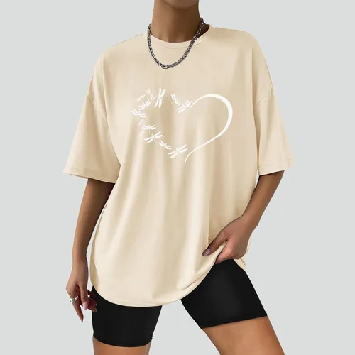 Vista 2 de Tops para Mujer Elegante Verano Mangas caídas Camiseta con Estampado Libélula Camiseta Cuello Redondo Camisa holgada