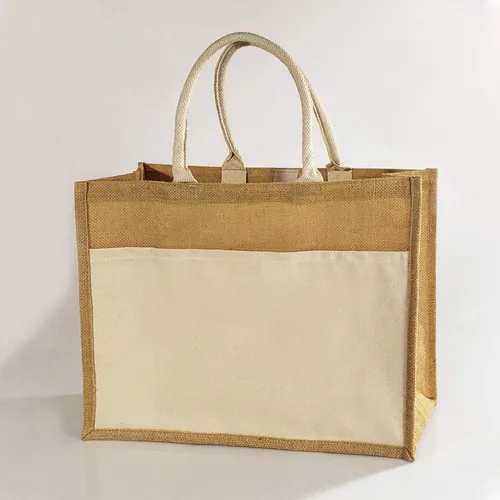 Vista 2 de Bolsas de yute grandes reutilizables y resistentes con bolsillo frontal de lona para bricolaje