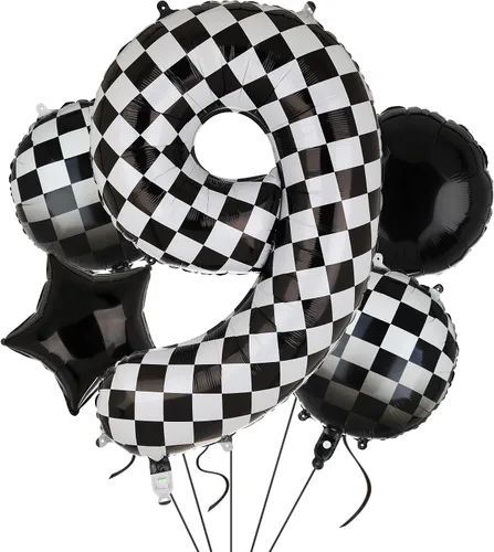 Vista 13 de Globo de números a cuadros de 40 pulgadas 0 globos de cumpleaños de coche de carreras en blanco y negro, globos de cumpleaños para bebé, hippie