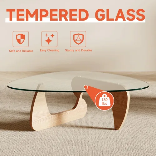Vista 7 de Mesa auxiliar moderna para sala de estar y espacios pequeños, 35.6 x 25.4 x 15.8 pulgadas, mesa triangular de vidrio templado y base de madera
