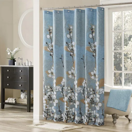 Vista 8 de Hanakotoba - Ganchos decorativos azules para cortina de ducha, diseño de bolas de anillo enrollable, ganchos para cortinas de baño, juego de 12