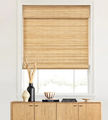 Vista 36 de LazBlinds - Cortinas romanas de bambú personalizadas sin cordón, tratamiento de ventana con filtro de luz, persianas enrollables de bambú retro