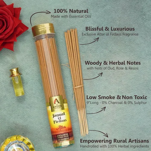 Vista 5 de The Aroma Factory Agarbatti for Pooja, Attar Jannat Ul Firdaus Perfume Varillas de incienso, sin carbón y bajo contenido de humo, Agarbatti