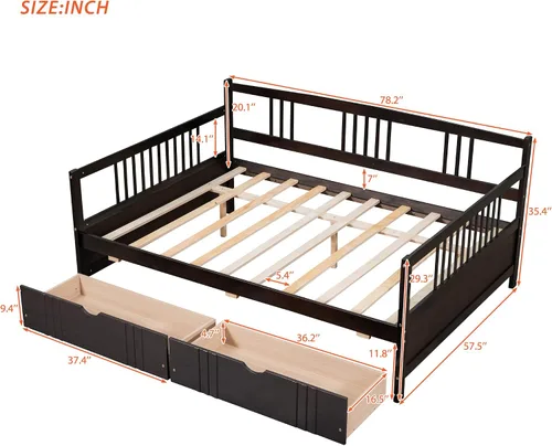 Vista 2 de MERITLINE Sofá cama de tamaño matrimonial, sofá cama de madera con cajones, sofá cama con cajones de almacenamiento matrimonial, sofá cama de doble