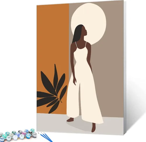 Vista 4 de Pintura de niña afro a la moda, kits de pintura por números, 16 x 20 pulgadas, lienzo de hojas tropicales, pintura al óleo para niños y adultos