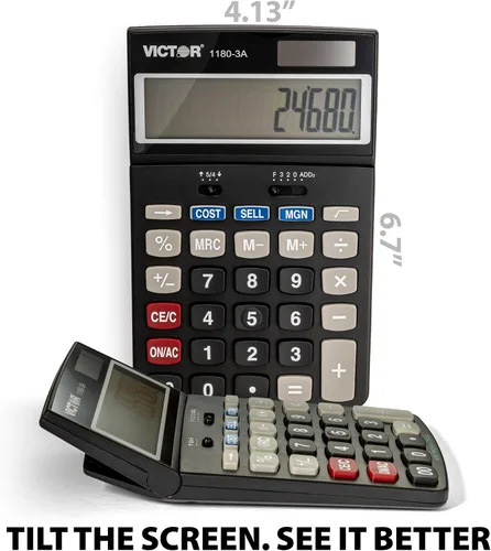 Vista 5 de Victor 1180-3A Calculadora de función estándar de 12 dígitos, batería y pantalla LCD de ángulo ajustable híbrida solar, ideal para escritorios