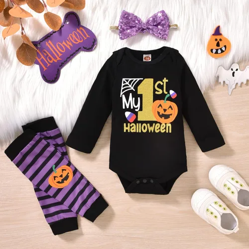 Vista 4 de Baby Girl Halloween Costumes My 1st Halloween Outfits Romper+ Tutu Skirt+ Striated Leg Warmer+ Bunny Headband Outfit Set