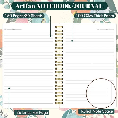 Vista 4 de Cuaderno Chopet - Paquete de 3 cuadernos en espiral A5 con líneas, cuaderno de 8.3" x 6" con papel grueso, cuaderno de diario clásico con rayas