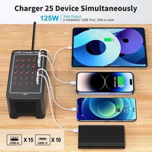 Vista 2 de Bloque de Cargador USB C, 125W (25A) 25 Puertos (15 USB A y 10 USB C) Estación de Carga Múltiple, Cargador de Pared de Escritorio Compatible