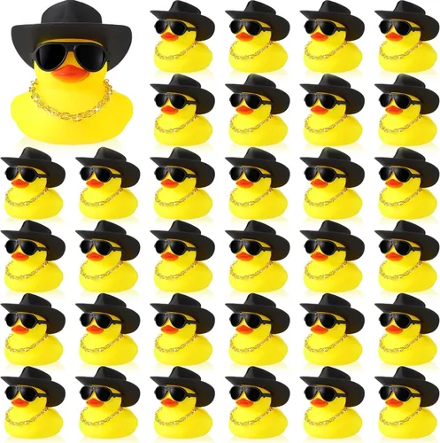 Vista 8 de Sotiff Juego de 48 juegos de patos chirriantes de goma para fiesta de automóvil, decoración de tablero con minicelle, sombrero y gafas de sol