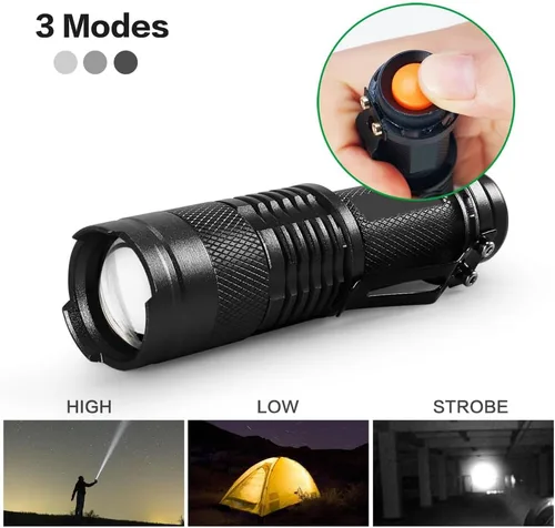 Vista 4 de 10 linternas LED de alta luz, mini linterna impermeable de bolsillo con 3 modos, enfoque ajustable zoomable para camping, senderismo