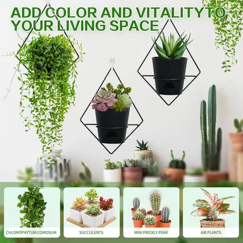Vista 2 de Koalaime 3 juegos de macetas de pared para plantas de interior, macetas colgantes geométricas para plantas de interior, macetas de riego automático