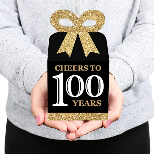 Vista 7 de Big Dot of Happiness Cajas de regalo para fiesta de cumpleaños número 100, elegante diseño cuadrado dorado con lazo 3D, suministros de fiesta