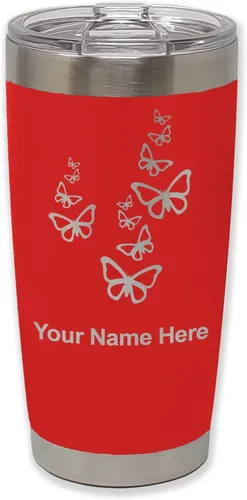 Vista 30 de LaserGram Vaso aislado al vacío de 20 onzas, mariposas, grabado personalizado incluido (negro)