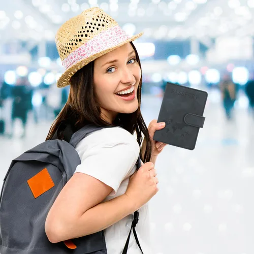 Vista 5 de Funda para pasaporte, cartera con bloqueo RFID, funda de cuero para tarjetas, accesorios de viaje para mujeres y hombres, *Negro
