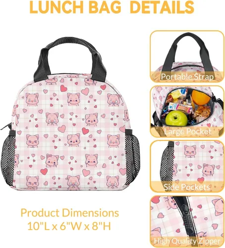 Vista 3 de Lonchera de cerdo – Lonchera aislada para niños – Bolsas de almuerzo rosadas lindas con bolsillos – Lonchera congelable mediana de 8L para la escuela