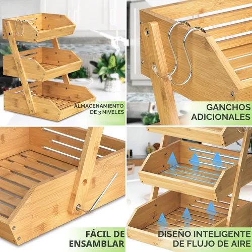 Vista 5 de KOMFORA Cesta de frutas de bambú de 3 niveles – Cesta de productos premium para cocina con 2 ganchos – Soporte duradero y fácil de montar