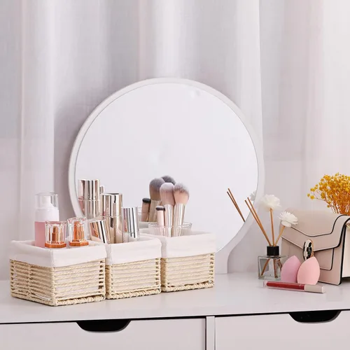 Vista 8 de Vagusicc Cesta de almacenamiento de mimbre, cesta de cuerda de papel tejida a mano, cesta rectangular pequeña para organizar, contenedor de Beige
