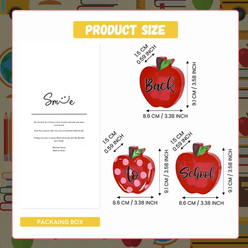Vista 2 de Decoración de mesa de madera Smile Back to School – Letreros de escritorio «Back to School» de manzana roja – Decoración para el aula y la oficina