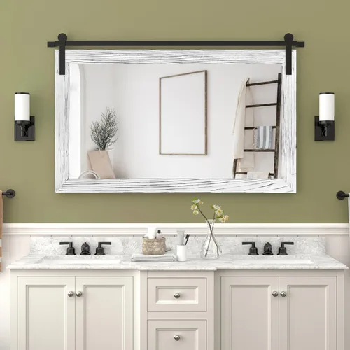 Vista 67 de COGOOD Espejo de puerta de granero de granja, 25 x 18 pulgadas, espejo decrativo con marco de madera rústica para baño, sala de estar, decoración