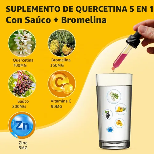 Vista 3 de Quercetina liposomal con gotas líquidas de bromelina para Kis & Aldult- mayor absorción, suplementos de quercetina 700 mg con bromelina saúco zinc