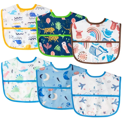 Vista 10 de 6 piezas de baberos impermeables para niños pequeños con bolsillo recogemigas, juego de baberos para bebés con ajuste para dientes de leche, baberos