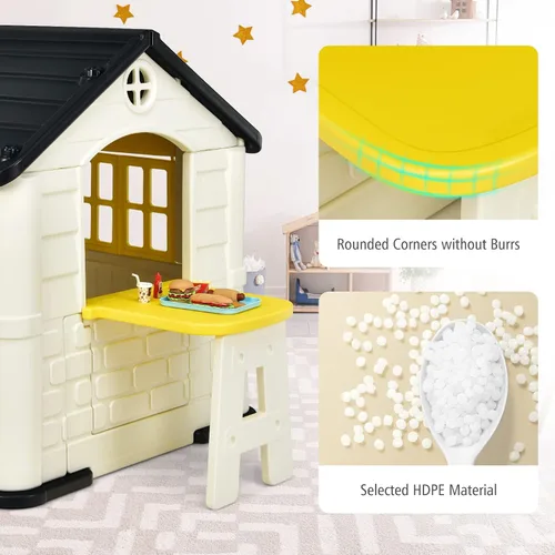 Vista 5 de Costzon Casa de juegos para niños, juegos de jardín al aire libre con puertas y ventanas de trabajo, casa de juguetes de simulación con mesa