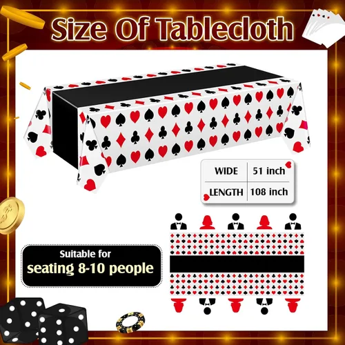 Vista 2 de Hosuly 3 piezas de decoración de fiesta temática de casino, mantel de póquer de plástico desechable, mantel temático de casino para juegos Negro
