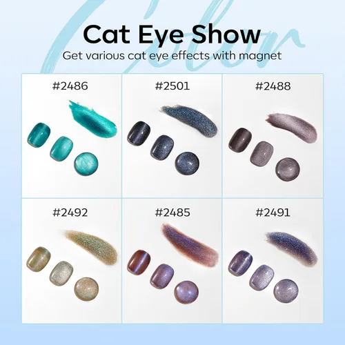 Vista 5 de modelones - Juego de 6 esmaltes en gel con efecto de ojo de gato cristalino, holográfico 9D, brillantina, negro, azul, morado, verde, con imán
