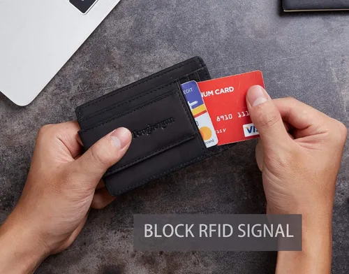 Vista 9 de Cartera minimalista Toughergun para hombres con clip de dinero magnético, cartera de cuero, tarjetero de crédito con bloqueo RFID Negro