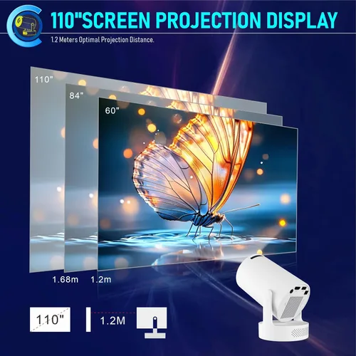 Vista 4 de Mini proyector, HY300Ultra proyector portátil con WiFi 6 y Bluetooth 5.4, soporte 4K, altavoz base sonora de 5 W, Android 11.0, rotación de 180°
