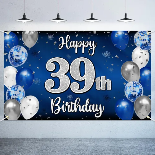 Vista 53 de Decoración de feliz cumpleaños número 100, globo azul y plateado grande cartel de fondo de cumpleaños de 100 años - Suministros para fiesta