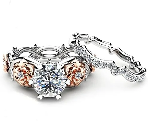 Vista 4 de Juego de anillos de compromiso de corazón marrón, piedras de luna, anillos de compromiso blancos para mujeres y rosas, anillos de plata de boda