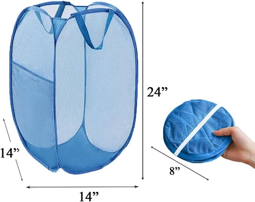 Vista 2 de Cesta de malla desplegable para la lavandería, cestas plegables para ropa sucia, cestas plegables para ropa sucia para baño, dormitorio Azul ceniza