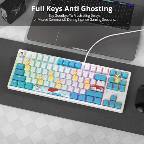 Vista 6 de Teclado mecánico 75% para juegos con interruptor rojo, teclado retroiluminado LED RGB blanco y azul, 87 teclas compacto TKL teclado de computadora