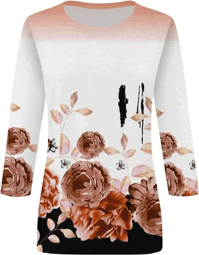 Vista 2 de Ropa de otoño para mujer 2023, blusa de manga corta con cuello redondo y estampado de flores